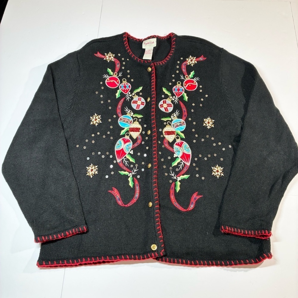 Vintage Christmas Cardigan L Sweater Crystal Kobe Black Embroidery Sequins Beads